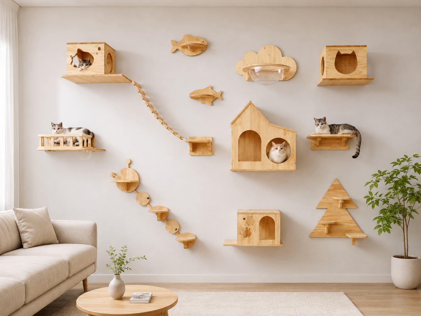 wall mounted wooden cat climbing furniture system