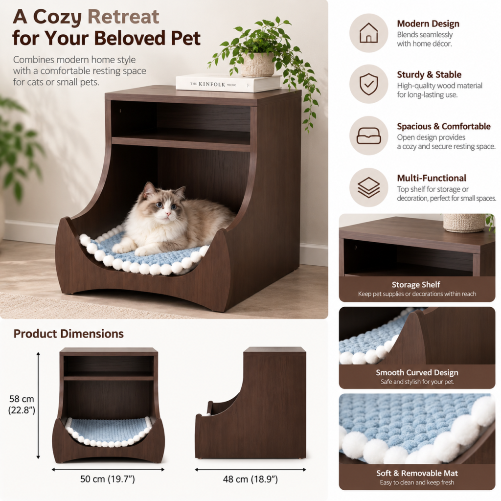 CTT006 wooden bedside cat bed features and dimensions