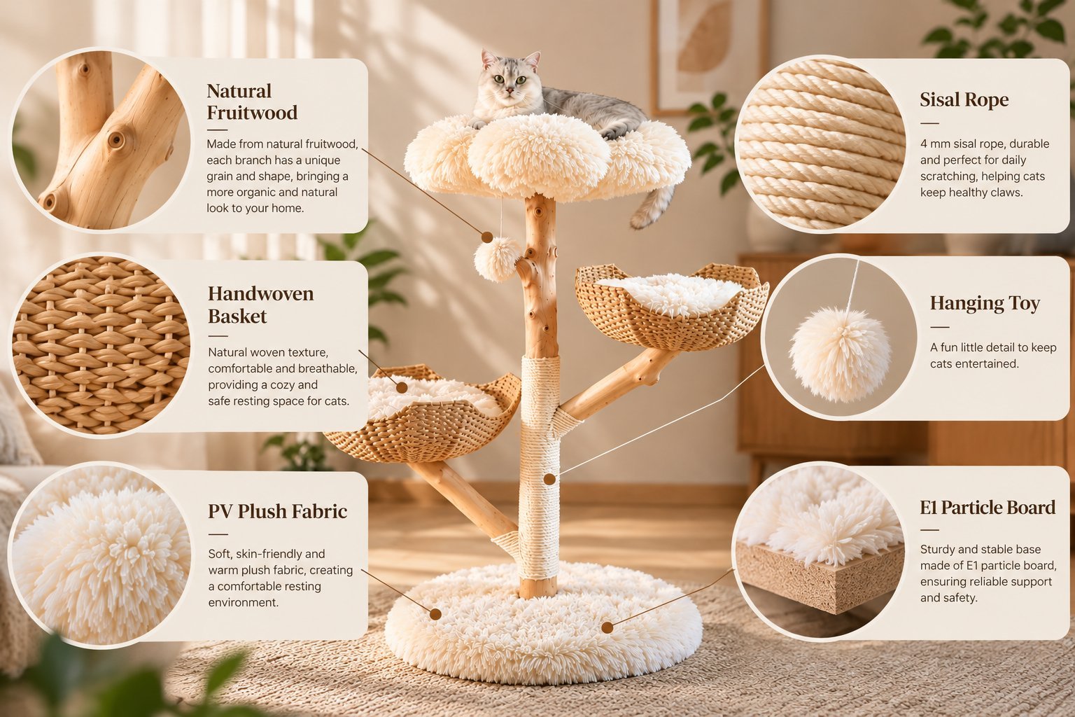 MR56 material diagram identifying natural fruitwood, woven baskets, PV plush, sisal rope and E1 particle board