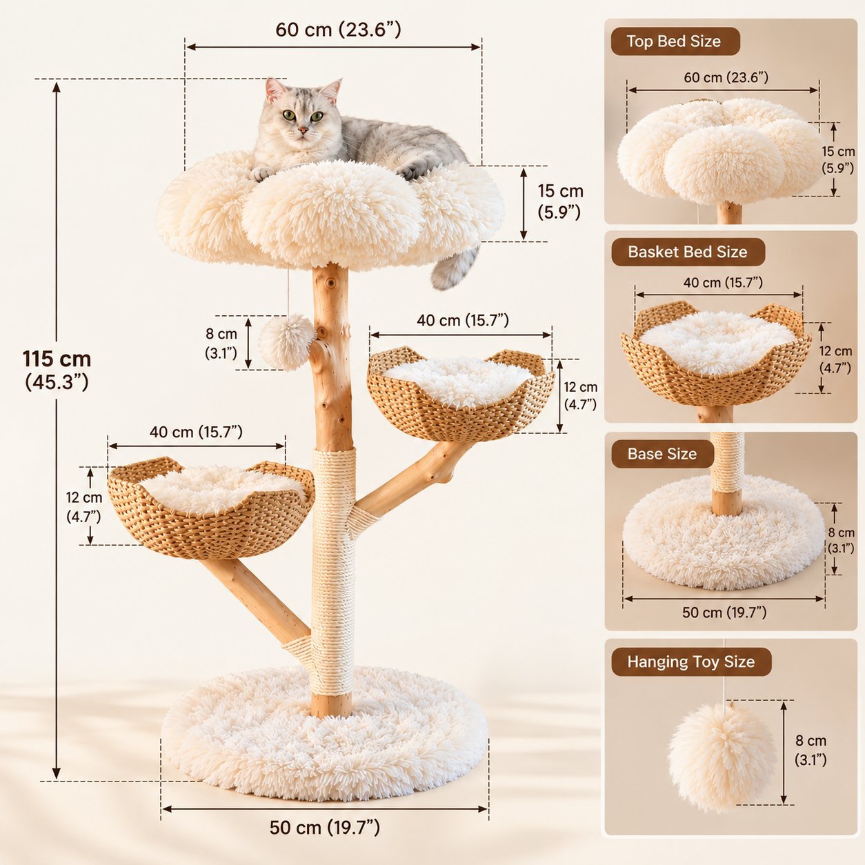 MR56 natural wood cat tree dimensions showing 115 cm height, 60 cm top bed and 40 cm baskets