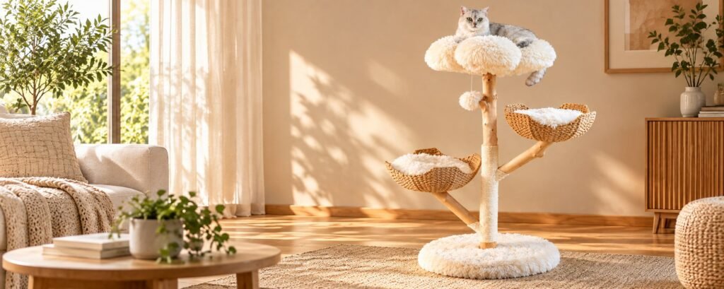 MR56 natural wood cat tree with two wicker baskets in a warm living room