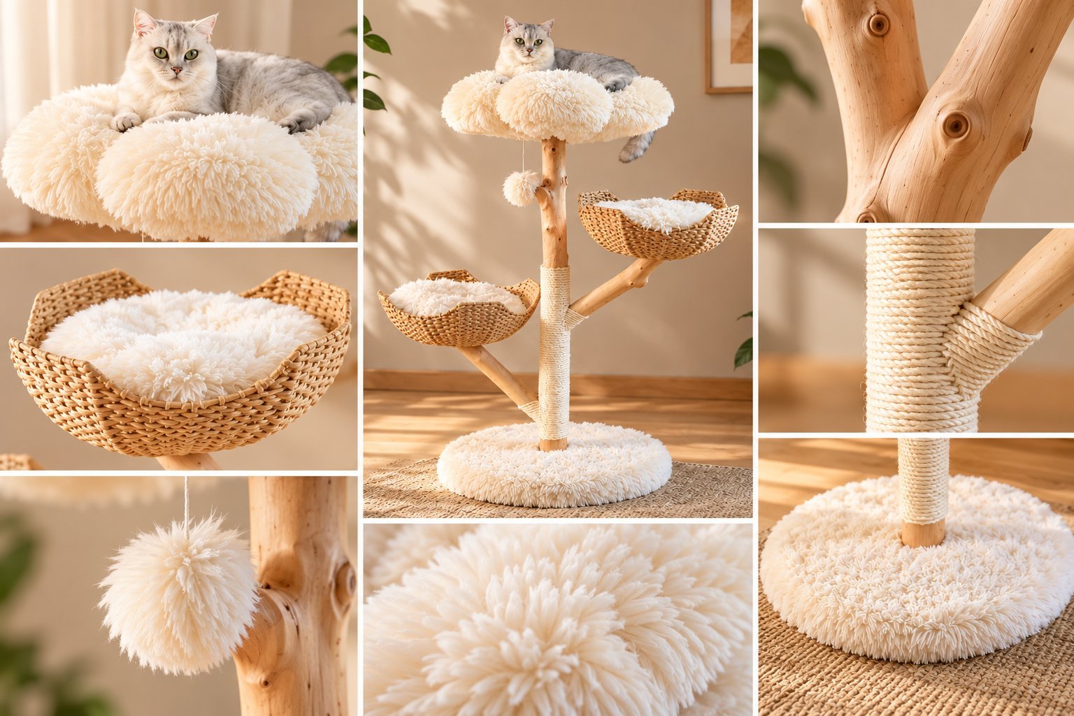 MR56 cat tree details showing woven basket beds, plush perch, fruitwood grain and sisal rope