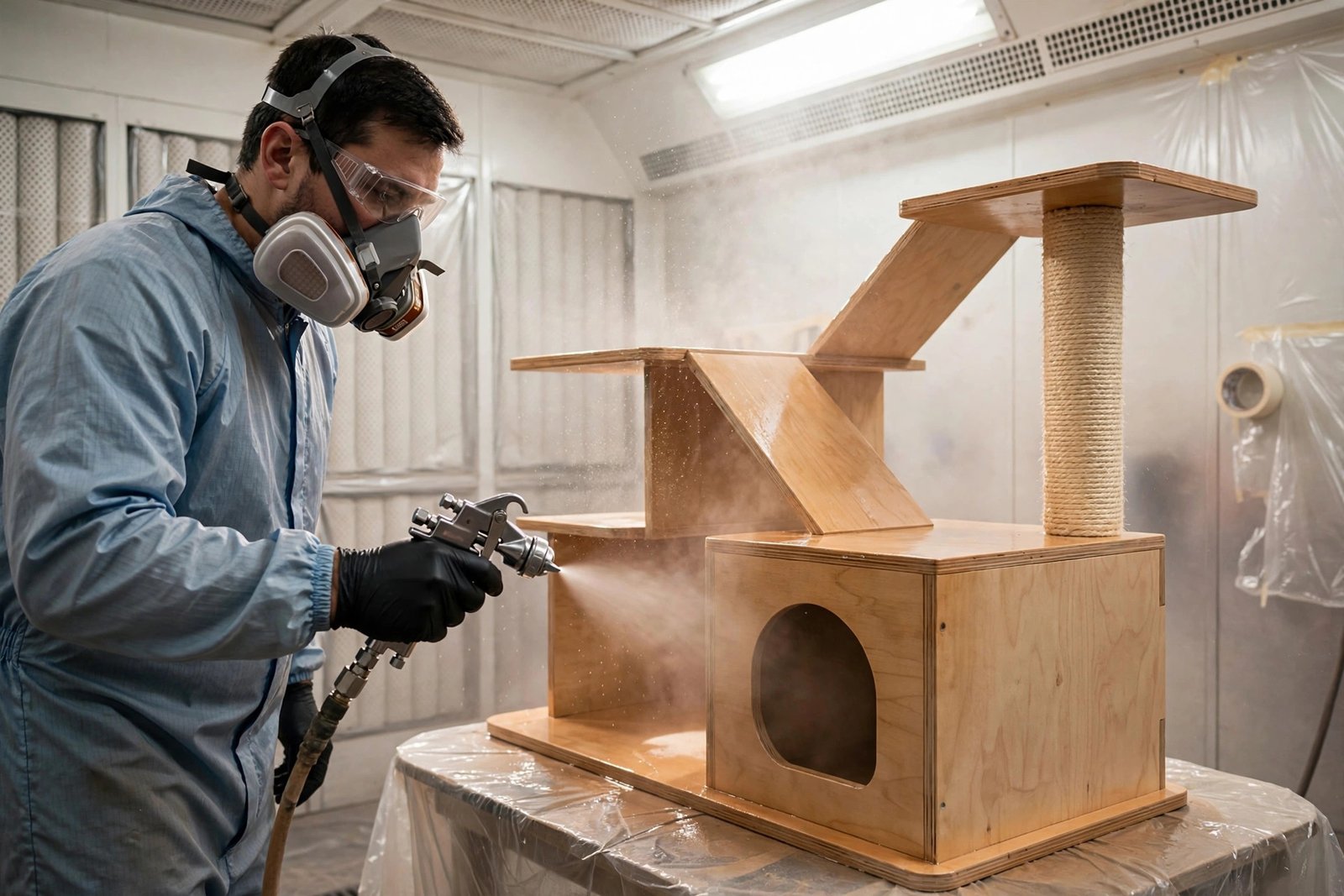 Non-toxic wood finish certification testing on pet furniture sample