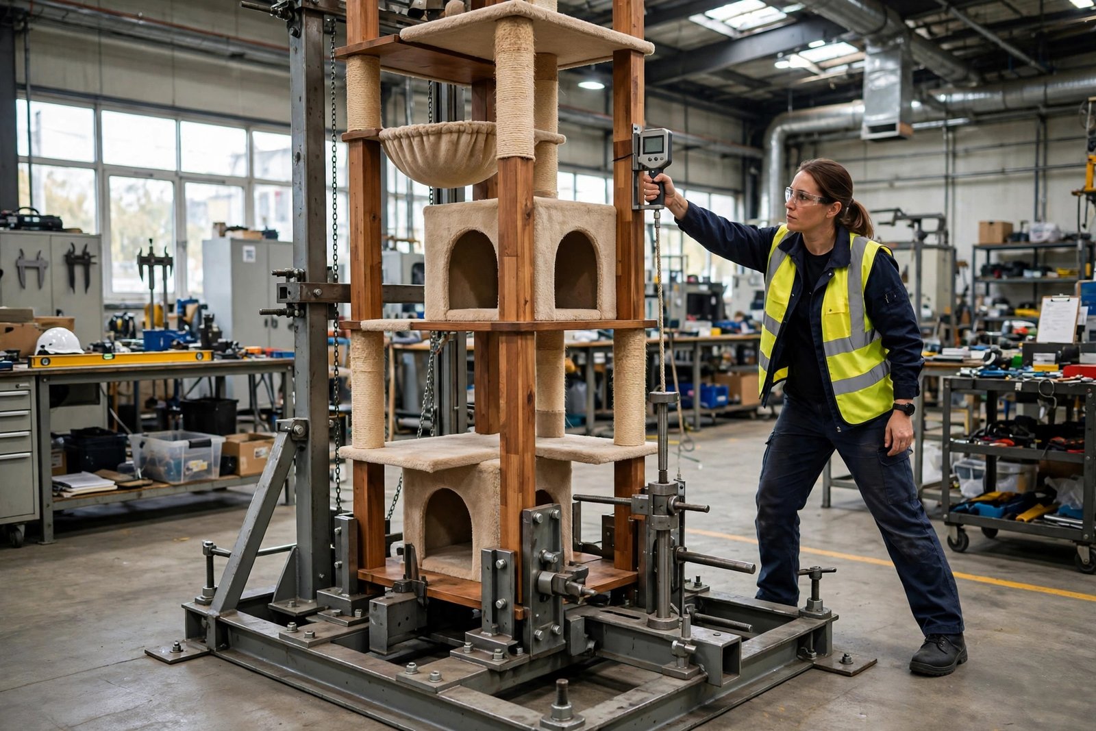 Cat tree stability testing with horizontal pull test on tall tower
