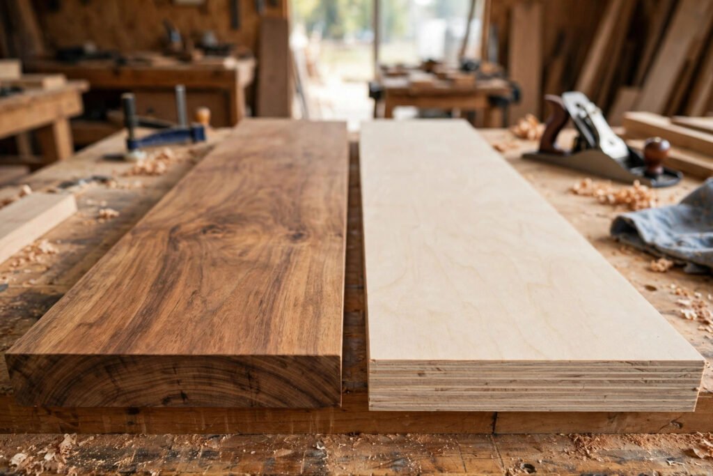 Solid wood vs plywood cat tree material comparison — solid lumber post and birch plywood panel