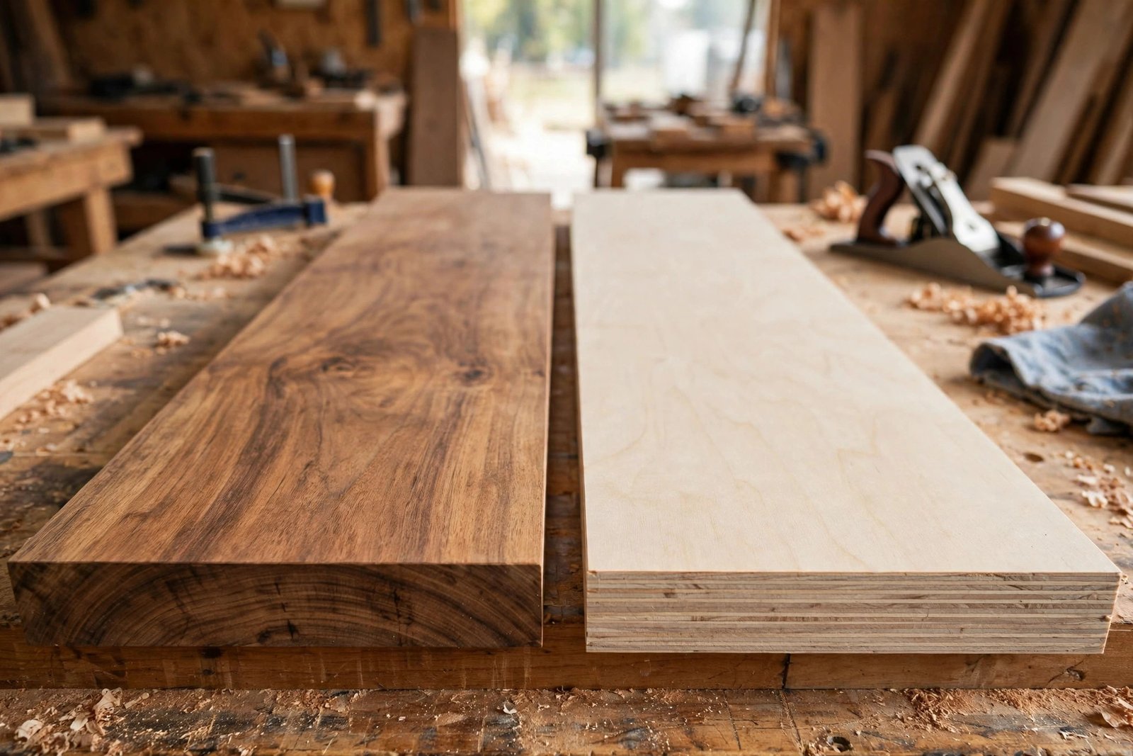 Solid wood vs plywood cat tree material comparison — solid lumber post and birch plywood panel