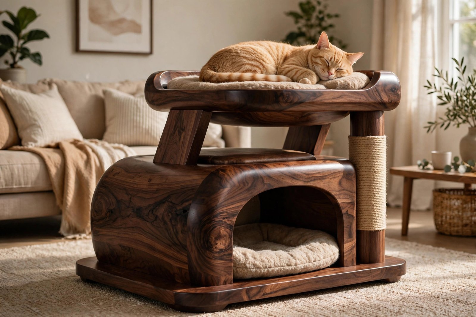Walnut cat furniture condo in black walnut with oil finish