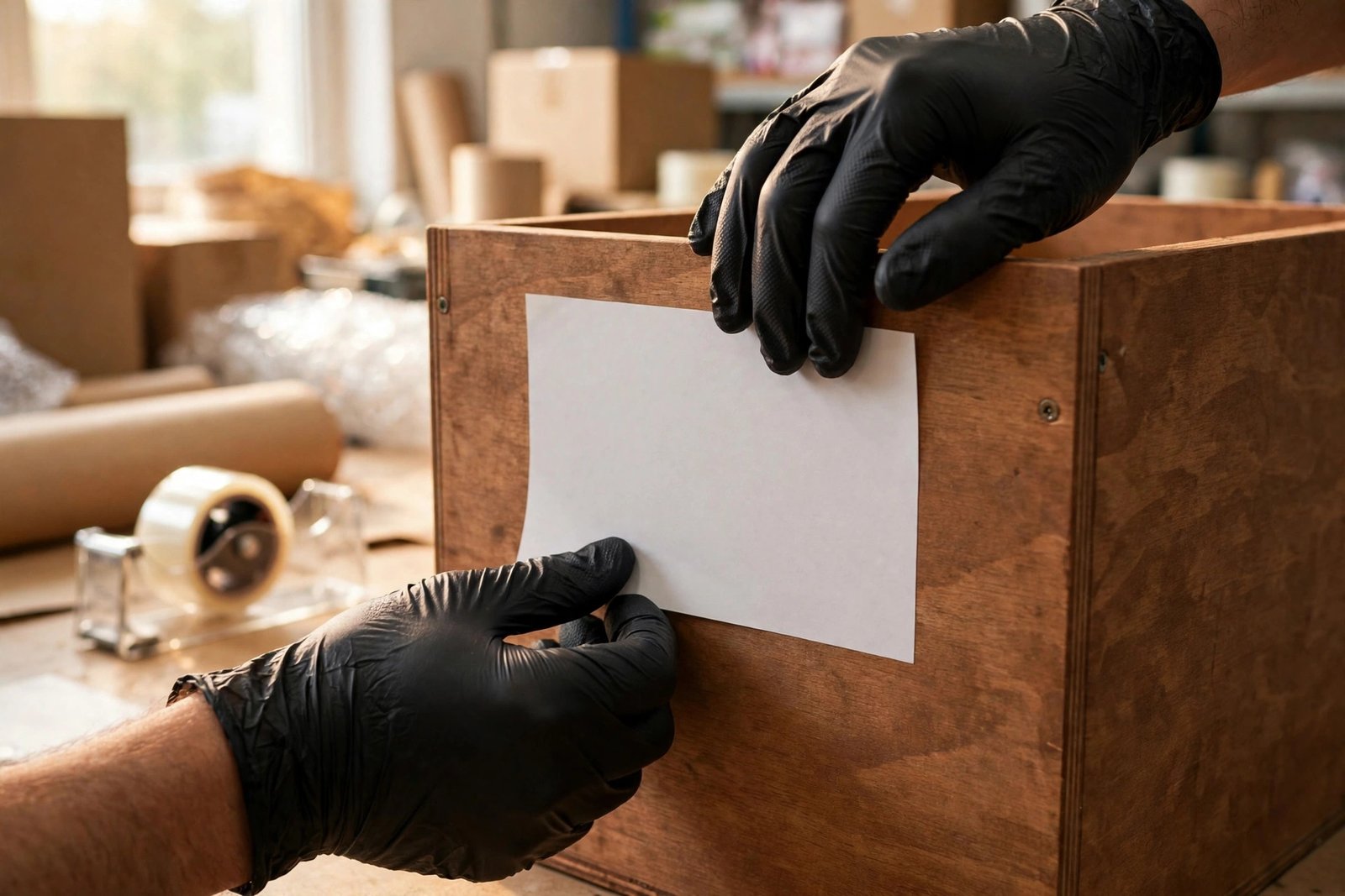 California Prop 65 warning label applied to wooden cat furniture shipping box