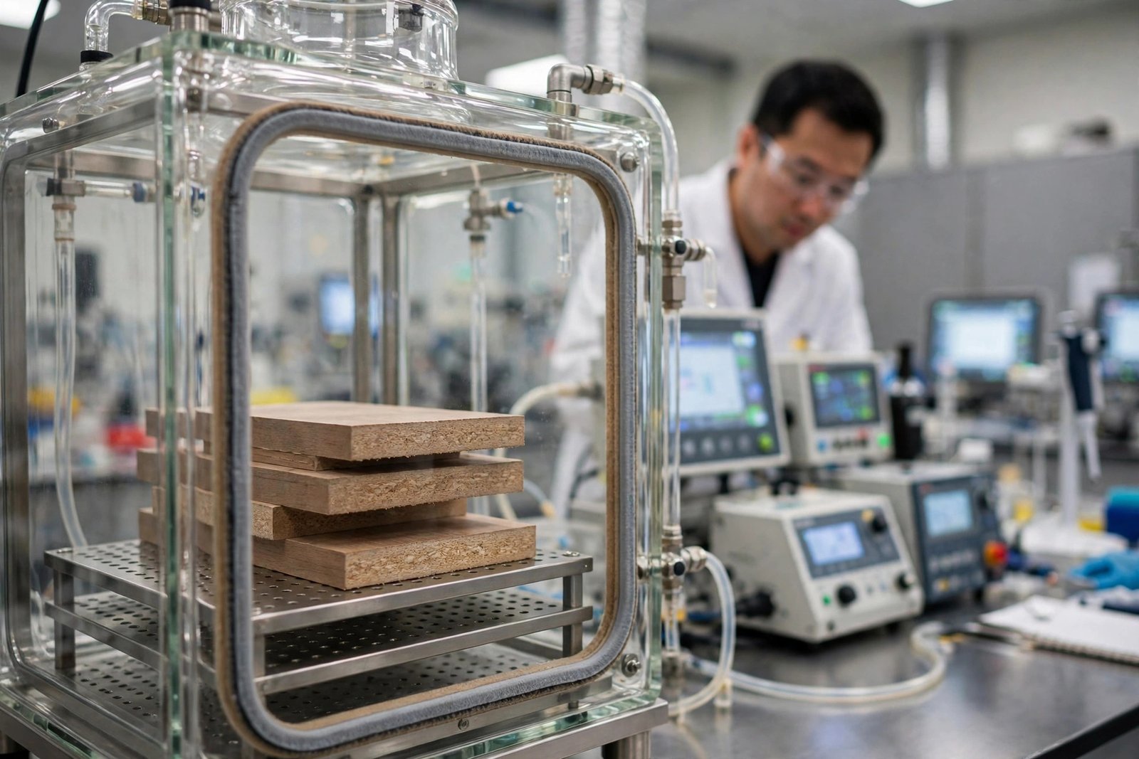 Formaldehyde emission chamber test on wood panel sample in lab