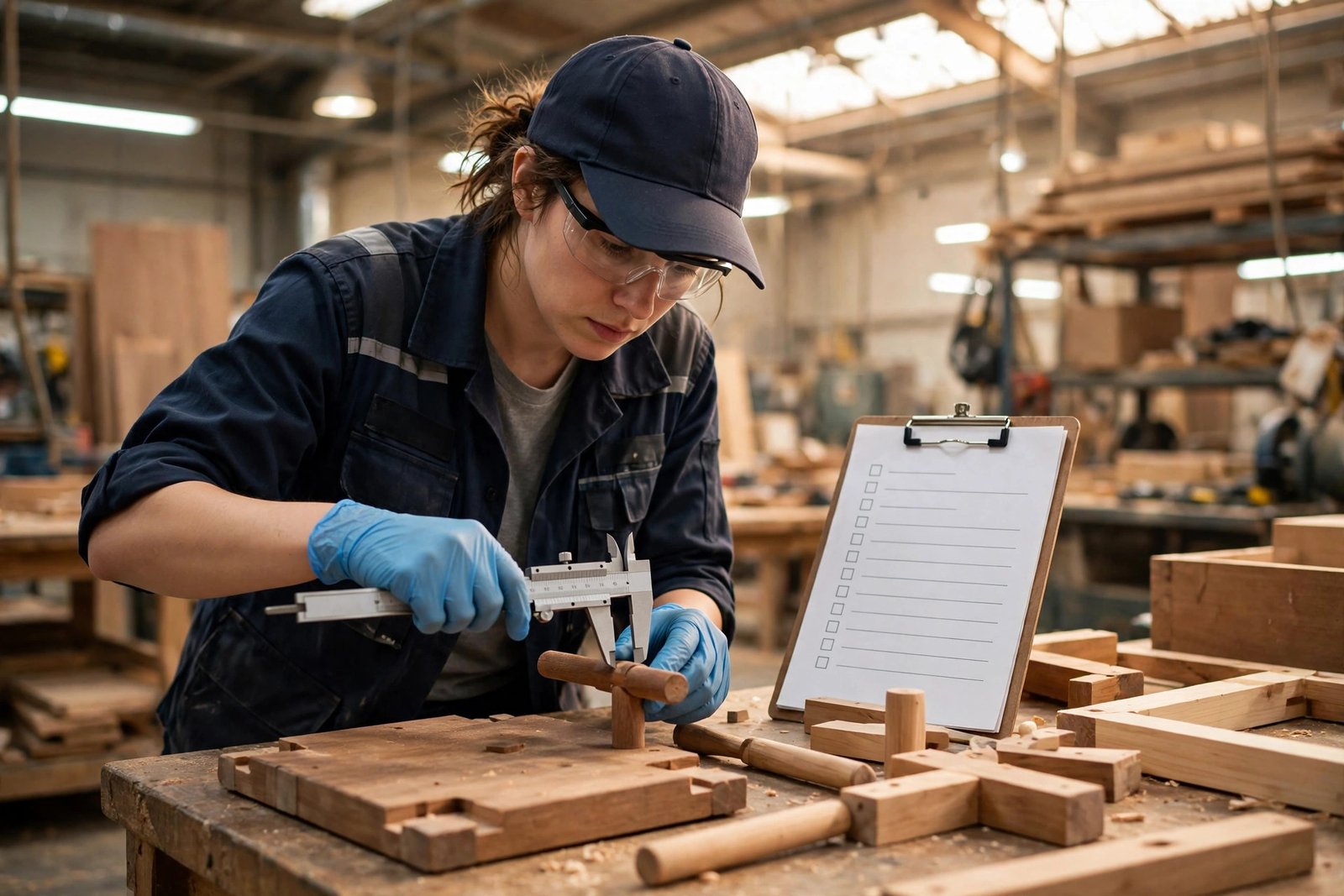 AQL sampling plan for wooden furniture: inspector checking quality on a production lot