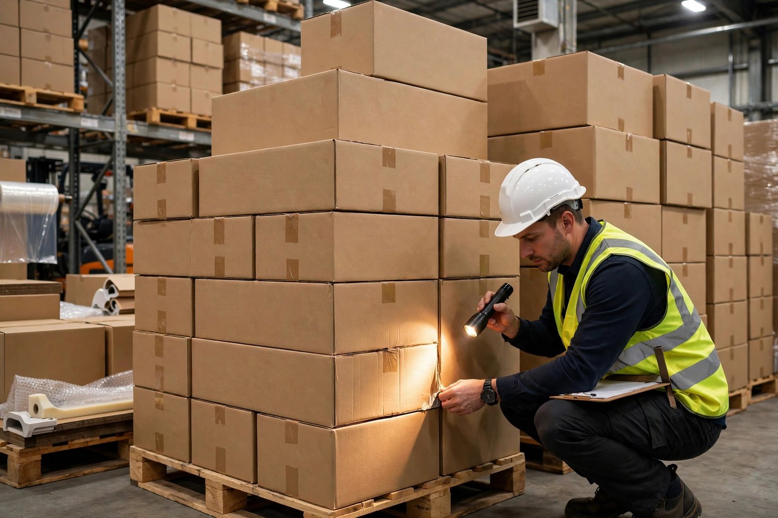 Pre-shipment inspection checklist for wooden cat furniture: inspector verifying cartons before loading