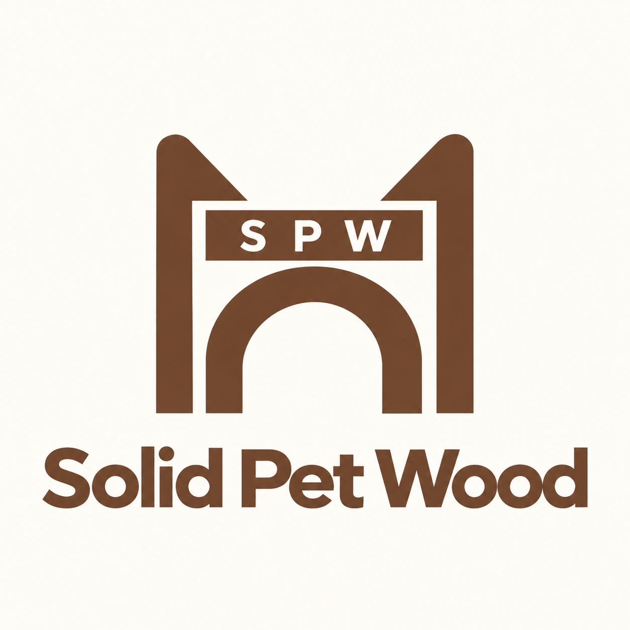 Solid Pet Wood logo: cat ears, a timber frame, an arch and the letters SPW